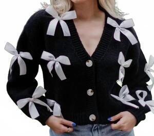 NEW KATYDID women's satin bow long sleeve knit cardigan in black